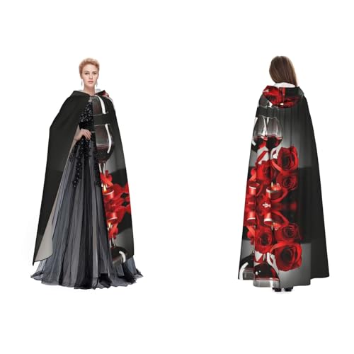 Apbdffjnf Kapuzenumhang für Erwachsene, Motiv: Rote Rose und Wein, romantischer Kapuzenumhang für Halloween, Kostüm, Party, Weihnachten, Cosplay von Apbdffjnf