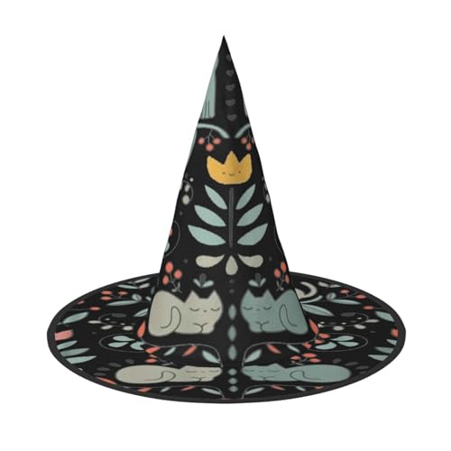 Apbdffjnf Lustige Katzen Vögel und Blumen Druck Halloween Hexenhut Spitzer Hexenhut Kostüm Zubehör für Halloween Party Dekoration von Apbdffjnf
