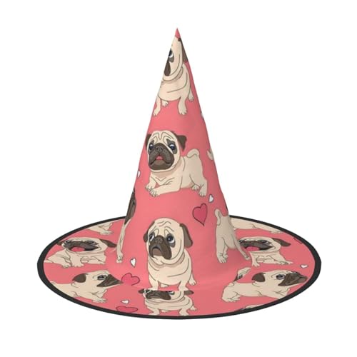 Apbdffjnf Lustiger Cartoon-Mops-Welpen-Hunde-Druck, Halloween-Hexenhut, spitzer Hexenhut, Kostümzubehör für Halloween-Party-Dekoration von Apbdffjnf