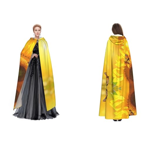Apbdffjnf Mysteriöser Kapuzenumhang mit Sonnenblumendruck und Sonnenschmetterling für Erwachsene, Halloween, Party, Weihnachten, Cosplay von Apbdffjnf