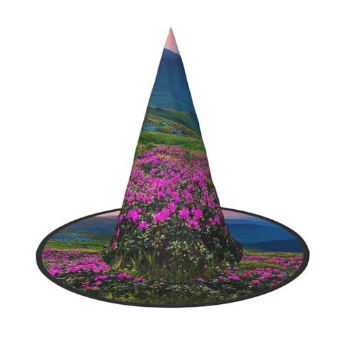 Apbdffjnf Natur Lila Blumen Wiese Berg Scenic Print Halloween Hexenhut Spitzer Hexenhut Kostüm Zubehör für Halloween Party Dekoration von Apbdffjnf