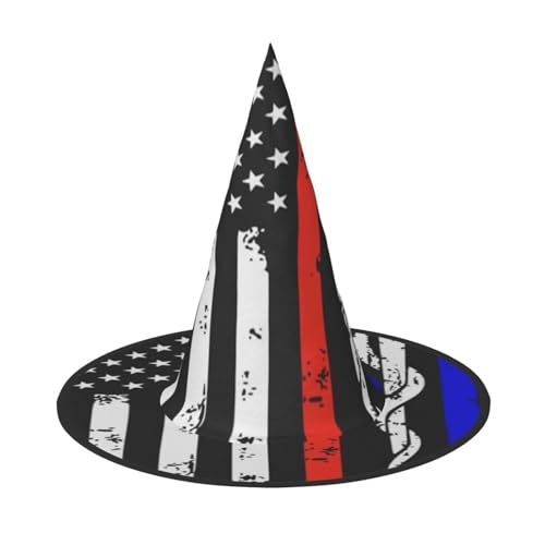 Apbdffjnf Roter gestreifter Feuerwehrmann, USA-Flagge, Druck, Halloween-Hexenhut, spitzer Hexenhut, Kostümzubehör für Halloween-Party-Dekoration von Apbdffjnf
