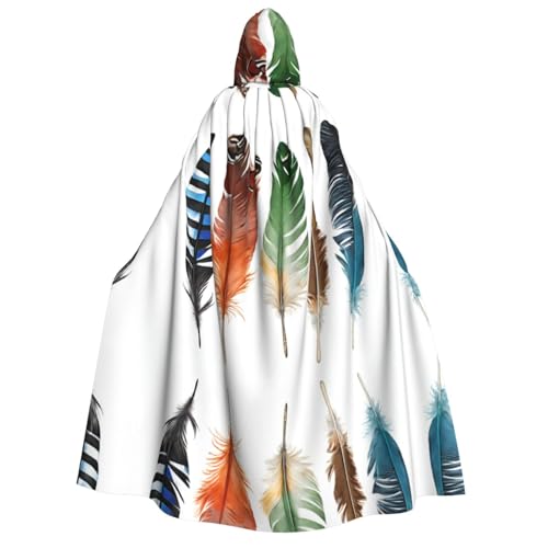 Apbdffjnf Umhang mit Kapuze, bunt, handgezeichnete Federn auf weißem, dickem Kapuzenumhang für Erwachsene, Unisex, Umhang mit Kapuze, Halloween-Kapuzenumhang für Damen und Herren, weich und elastisch von Apbdffjnf