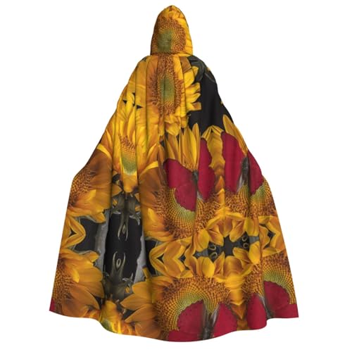 Apbdffjnf Umhang mit gelben Sonnenblumen mit rotem Schmetterling, für Erwachsene, dicker Kapuzenumhang, Unisex, Umhang mit Kapuze, Halloween-Kapuzenumhang für Damen und Herren, weich und elastisch von Apbdffjnf