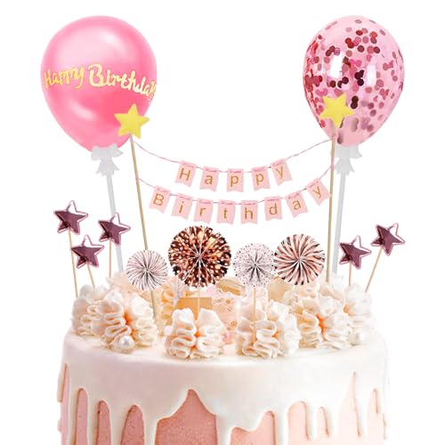Apdvenk 12 Stück Tortendeko Rosegold, Happy Birthday Kuchendeko, Tortendeko Geburstagstorte, Glitter Cake Topper, Papierfächer Sterne und Liebe Konfetti-Luftballons für Geburtstag Dekoration von Apdvenk