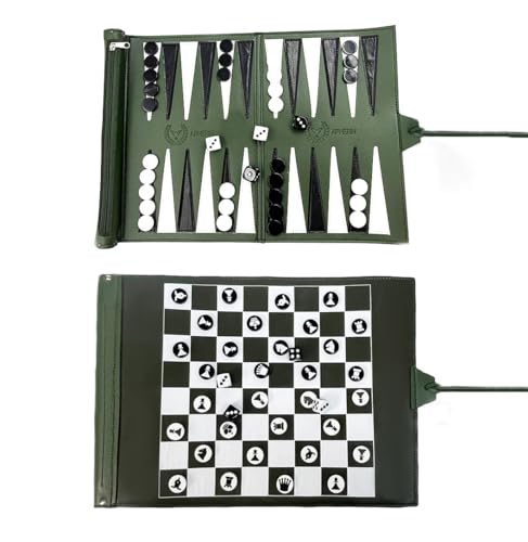 Apherin Rollbares Reise Backgammon, Schach, Dame 3 in 1– Doppelseitiges Teile-Design für Schach von Apherin