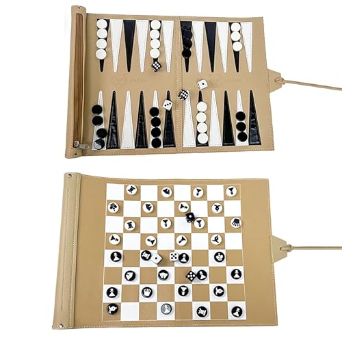 Apherin Rollbares Reise Backgammon, Schach, Dame 3 in 1– Doppelseitiges Teile-Design für Schach von Apherin