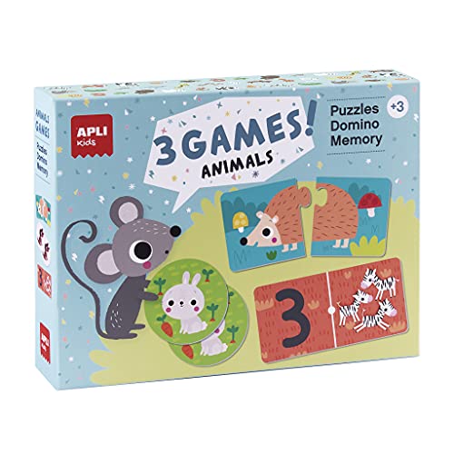 APLI Kids 18798 - Set mit 3 Kinderspielen - Tiere: 1 Puzzle 24 Teile, 1 Dominosteine 36-teilig und 1 Memory 24-teilig von APLI Kids
