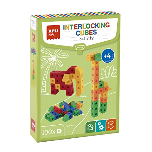APLI Kids 19161 - Interlocking Cubes - 100 Teile Bausteine für Fahrzeuge, Tiere und Charaktere - inkl. 8 Spielsteine mit Beispielen von APLI Kids