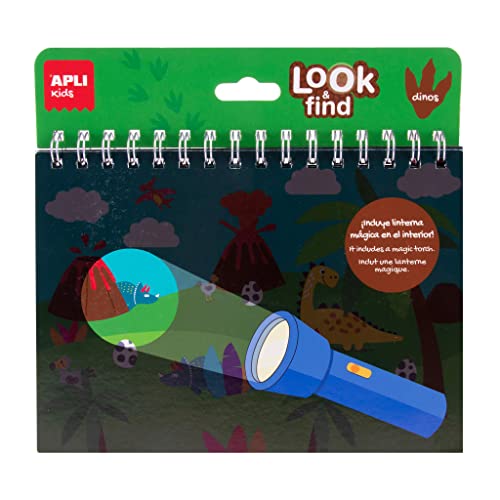 APLI Kids 19204 - Block Look & Find Dinosaurier, Beobachtungsset mit Dinosaurier-Thema, in Form eines lustigen Lamellenblocks mit Seiner magischen Taschenlampe aus Papier von APLI Kids