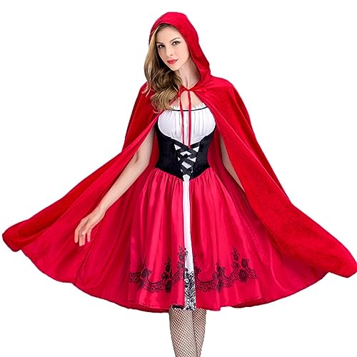 Aposous Damen Gothic Kostüm Kapuzenumhang Weihnachten Halloween Partykleid mit Umhang Erwachsene Rollenspiele Schwarz + Rot + Weiß XL von Aposous