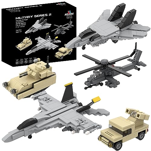 Apostrophe Games 5 militärische Bausteinsets (728 Teile) F/A-18 Hornisse, F-14 Tomcat Kampfjet, AH-64 Apache Hubschrauber, M2 Bradley Panzer und Humvee Avenger von Apostrophe Games