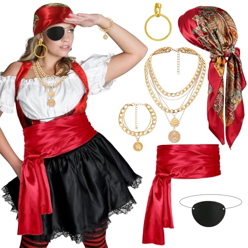 Applysu 6 Stück Piratenkostüm Zubehör für Frauen Männer Piraten Accessoire Set mit Bandana, Halskette, Ohrringen, Gürtel, Augenklappe, Armband Applysu 6 Stück Piratenkostüm Zubehör für Frauen Männer Piraten Accessoire Set mit Bandana, Halskette, Ohrringen, Gürtel, Augenklappe, Armband von Applysu