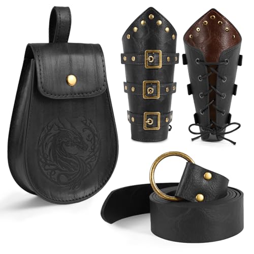 Applysu Renaissance Accessoires mit Mittelalter Gürteltasche Wikinger Gürtel Lederarmschienen 4PCS Mittelalter Wikinger Kostümset für Halloween Karneval Applysu Renaissance Accessoires mit Mittelalter Gürteltasche Wikinger Gürtel Lederarmschienen 4PCS Mittelalter Wikinger Kostümset für Halloween Karneval von Applysu