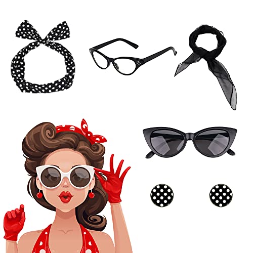 Applysu Rockabilly Accessoires 50er Jahre Kleider Damen Accessoires mit Schal, Brille, Stirnbandnieten, Handschuh, Krawatte für 50er 60er Faschingskostüm Set von Applysu