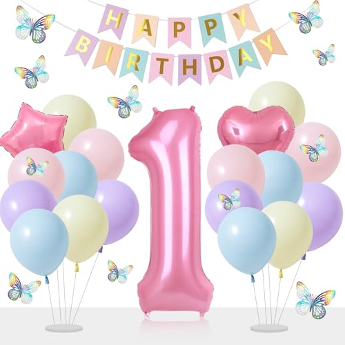 1 Geburtstag Deko für Mädchen Rosa Zahl 1 Folienballon Geburtstagsdekorationen Set mit Stern Herz Folienballons Banner für Mädchen 1 Jahr Alt Party Decor von Apradas