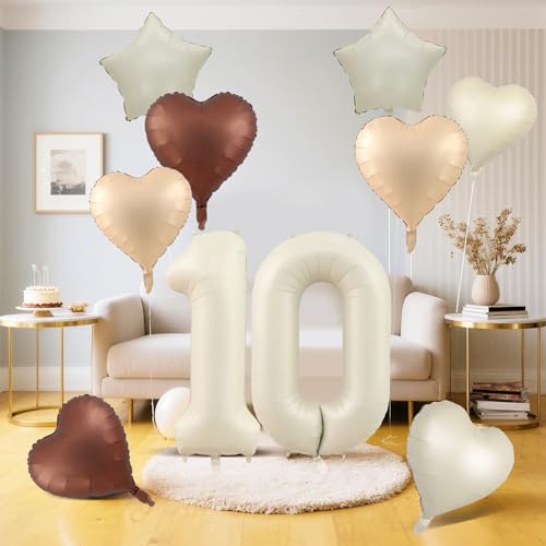 Cremefarbene 10 Luftballons Dekor, Beige Nude Aprikose Braun Tan Folienstern-Herzballons, 101,6 cm weißer Sand Helium Neutral Nummer 10 Ballon (10. Geburtstag) von Apradas