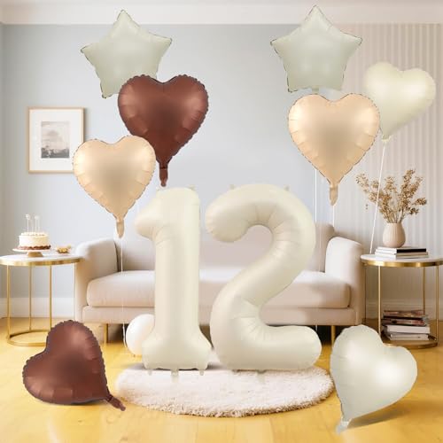 Cremefarbene 12 Luftballons Dekor, Beige Nude Aprikose Braun Tan Folienstern-Herzballons, 101,6 cm weißer Sand Helium Neutral Nummer 12 Ballon (12.) von Apradas