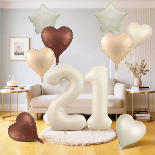 Cremefarbene 21 Luftballons Dekor, Beige Nude Aprikose Braun Tan Folienstern-Herzballons, 101,6 cm weißer Sand Helium Neutral Nummer 21 Ballon (21.) von Apradas
