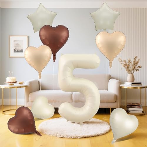 Cremefarbene 5 Luftballons, Dekoration, Beige Nude, Aprikose, Braun, Hellbraun, Stern-Herz-Ballons, 101,6 cm, weißer Sand, Helium, neutraler Ballon (5.) von Apradas