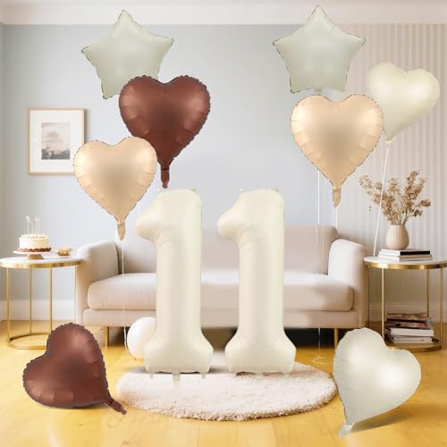 Cremefarbene Luftballons mit 11 Stück, Beige, Nude, Aprikose, Braun, Hellbraun, Stern-Herzballons, 101,6 cm, weißer Sand, Helium, neutraler Ballon Nummer 11 (11. Geburtstag) von Apradas