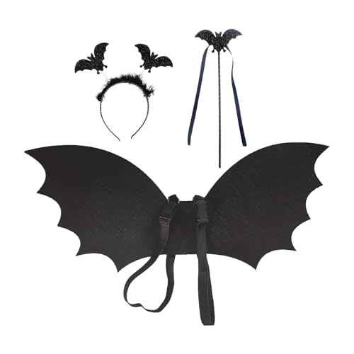 Halloween-Kostüm-Zubehör für Damen und Herren, schwarze Fledermaus-Kostüme, Erwachsene, Kinder, 67 cm, Fledermausflügel, Kostüm, Fledermaus, Haarband und Zauberstab für Halloween-Party (67 cm) von Apradas
