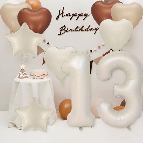 Luftballons zum 13. Geburtstag, 101,6 cm, 45,7 cm, cremefarbener Sternballon, hautbrauner Herzballon, weißes Band, 10 m Folienballons, Mädchen, Jungen, 13. Geburtstag, Jahrestag, Partyzubehör Luftballons zum 13. Geburtstag, 101,6 cm, 45,7 cm, cremefarbener Sternballon, hautbrauner Herzballon, weißes Band, 10 m Folienballons, Mädchen, Jungen, 13. Geburtstag, Jahrestag, Partyzubehör von Apradas