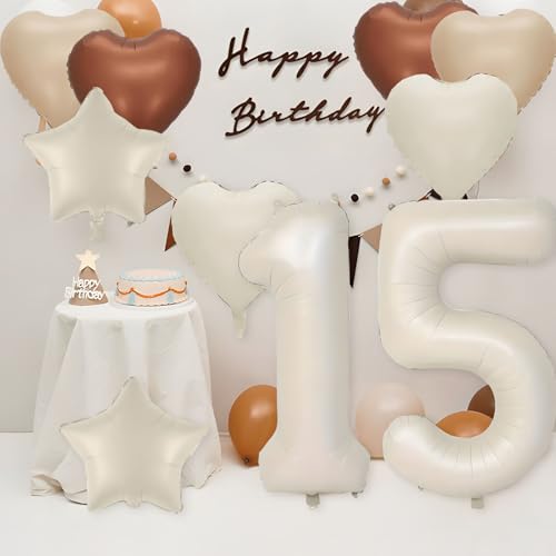 Luftballons zum 15. Geburtstag, 101,6 cm, 45,7 cm, cremefarbener Sternballon, hautbrauner Herzballon, weißes Band, 10 m Folienballons, Mädchen, Jungen, 13. Geburtstag, Jahrestag, Partyzubehör Luftballons zum 15. Geburtstag, 101,6 cm, 45,7 cm, cremefarbener Sternballon, hautbrauner Herzballon, weißes Band, 10 m Folienballons, Mädchen, Jungen, 13. Geburtstag, Jahrestag, Partyzubehör von Apradas
