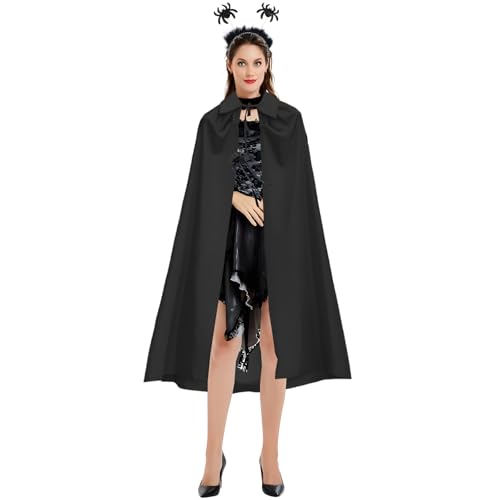Schwarzer Umhang für Herren und Damen, Stehkragen, schwarzer Umhang ohne Kapuze, 90 cm, Spinnen-Stirnband, für Kinder, Erwachsene und Spinne, Zauberstab, Halloween-Kostüme für Halloween-Party (90 cm) von Apradas