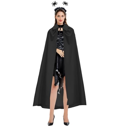 Schwarzer Umhang für Herren und Damen, Stehkragen, schwarzer Umhang ohne Kapuze, 90 cm, Spinnen-Stirnband, für Kinder, Erwachsene und Spinne, Zauberstab, Halloween-Kostüme für Halloween-Party (120 cm) von Apradas