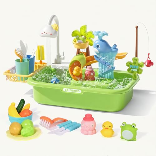 Spülbecken Kinder Wasserfunktion, Apritsce Kinder Waschbecken mit Angelspiel Küchenspielzeug, Wasserspieler für Rollenspiel von Apritsce