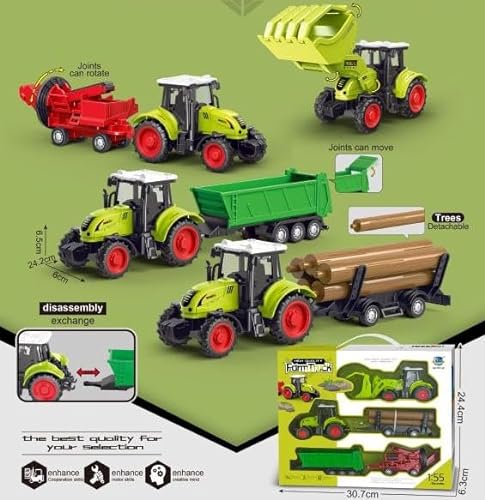 AptoFun 1:55 Bauernhof Spielzeug Set, 2X Friktionsbetriebene Traktoren, Einer mit Frontlader und Baustammgreifer + 3 Universal Anhänger + 5 Baumstämme für Kinder ab 1 Jahr von AptoFun