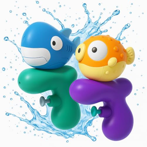 Wasserpistole Kinder 2er Set, 80ml Spritzpistole für Jungen & Mädchen, 2–6m Reichweite, ABS Material, Badespielzeug für Garten, Strand & Badewanne (Hai & Kugelfisch) von AptoFun