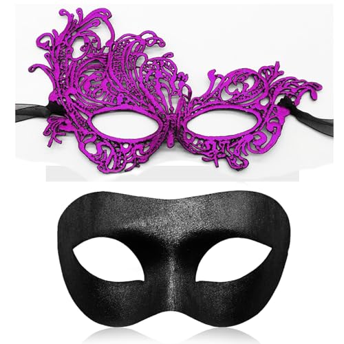 Aqearl Paar Maskerade Maske für Damen und Herren, venezianische Maske, Halloween-Maske für Party, Abschlussball, Ball, Kostüm, Spitzenmasken (lila Set) von Aqearl