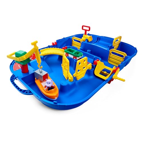 AquaPlay - LockBox - Wasserbahn als Transportkoffer mit 27 Teilen, Spieleset inklusive 1 Hippo Wilma, Amphibienauto und Containerboot, für Kinder ab 3 Jahren, 8700001516, Blau von AquaPlay