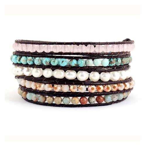 Aqxyedc Böhmisches Süßwasserperlen-Kristall-Naturstein-5-strängiges Leder-Wickelarmband, Edelstein-Armband wanglan Aqxyedc Böhmisches Süßwasserperlen-Kristall-Naturstein-5-strängiges Leder-Wickelarmband, Edelstein-Armband wanglan von Aqxyedc