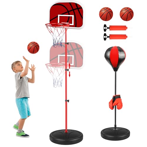 Aragallant 2-in-1 Basketballkorb & Boxsack für Kinder, Höhenverstellbare Basketballkorb mit 2 Bällen, Boxsack Spielzeug mit Boxhandschuhen, Kinderspielzeug Geschenke für Jungen ab 3 Jahren von Aragallant