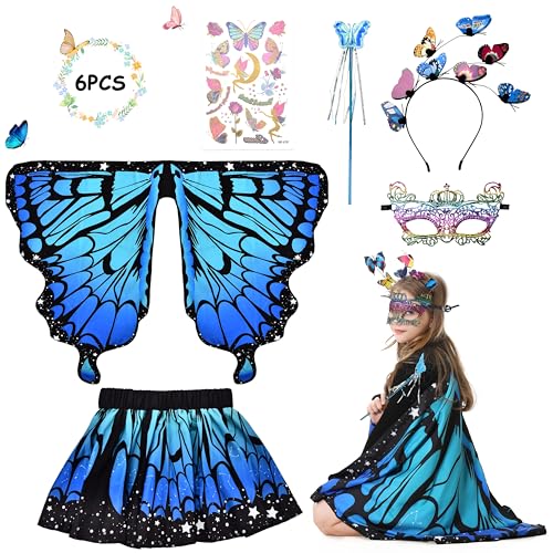 Aragallant 6 Stück Schmetterling Kostüm Kinder, Schmetterlingsflügel Doppelseitig Mädchen mit Rock, Schmetterling Umhang mit Zauberstab Maske Haarreif, Karneval Kostüm für Mädchen(Farbverlauf blau) Aragallant 6 Stück Schmetterling Kostüm Kinder, Schmetterlingsflügel Doppelseitig Mädchen mit Rock, Schmetterling Umhang mit Zauberstab Maske Haarreif, Karneval Kostüm für Mädchen(Farbverlauf blau) von Aragallant