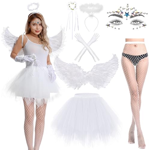 Aragallant Engel Kostüm Damen, 80CM Engelsflügel Weiß mit Heiligenschein, 7 Stück Weiß Engel Kostüm mit Zauberstab Handschuhe und Strumpf, Faschingskostüme Erwachsene für Party Halloween von Aragallant