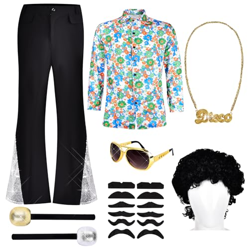 Aragallant 70er Jahre Disco Kostüm Set, Herren 70er Jahre Outfit, Hippie Herren Outfit mit Hemd und Schlaghosen für Karneval oder Mottoparty (S) von Aragallant