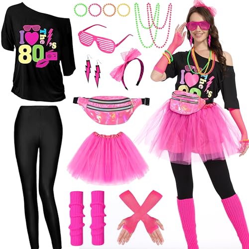 Aragallant Damen 80er Jahre Outfit, Mottoparty Kostüm mit T-Shirt, Tutu, Stirnband, Gürteltasche, Ohrring, Neon Party Kostüm für Mädchen (Black, M) von Aragallant