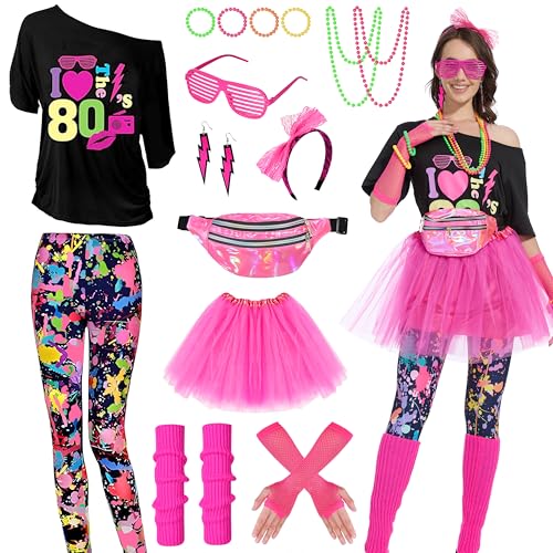 Aragallant 80er Jahre Outfit Damen, Mottoparty 80er Jahre Kostüm, Karneval Kostüm mit T-Shirt, Tutu, Stirnband, Gürteltasche, Ohrring, 80er Neon Party Kostüm für Mädchen (Multicolor, L) von Aragallant
