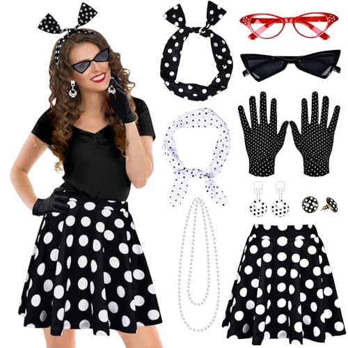 Aragallant 9 Stück Rockabilly Accessoires Damen, 50er Jahre Rockabilly Kostüm mit Polka Dot Rock haarreif Handschuhe Brille Halskette Ohrstecker, 1950s Kostüm Set für Karneval Fasching (Schwarz, S) Aragallant 9 Stück Rockabilly Accessoires Damen, 50er Jahre Rockabilly Kostüm mit Polka Dot Rock haarreif Handschuhe Brille Halskette Ohrstecker, 1950s Kostüm Set für Karneval Fasching (Schwarz, S) von Aragallant