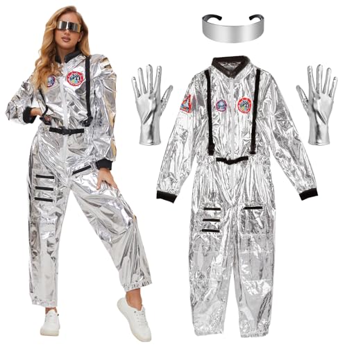 Aragallant Astronauten Kostüme Silber, Spaceman Kostüm Set Unisex, Raumfahrer Kostüm mit Brillen, Astronauten Overall Erwachsene für Cosplay Party Karneval Fastnacht Kleidung (M-170-175cm) von Aragallant