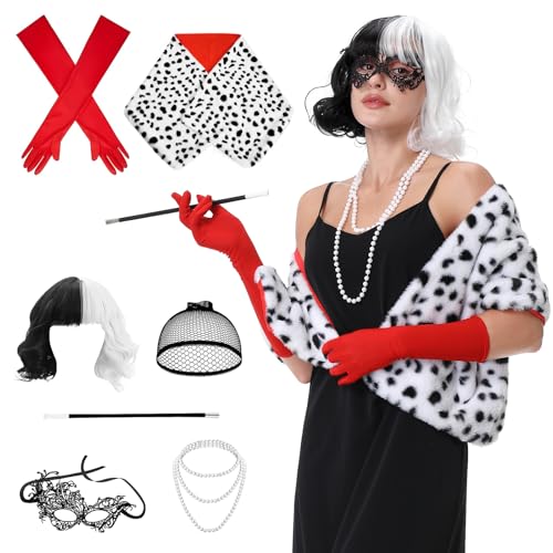 Aragallant Cruella Kostüm Damen, Kurze Schwarze und weiße Perücke, Halloween Kostüm Damen Set, 70er Jahre Accessoires mit Schwarze Augenklappe, Faux Schal, Rote Handschuhen Aragallant Cruella Kostüm Damen, Kurze Schwarze und weiße Perücke, Halloween Kostüm Damen Set, 70er Jahre Accessoires mit Schwarze Augenklappe, Faux Schal, Rote Handschuhen von Aragallant