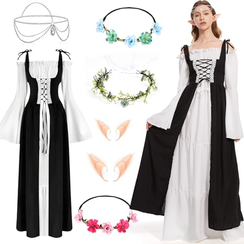 Aragallant Mittelalter Kostüm Damen, Renaissance Kostüm Kleid mit Trompetenärmel, Faschingskostüme mit Kopf Kette Blumenkranz Elfenohren für Party Cosplay (Schwarz, L) von Aragallant