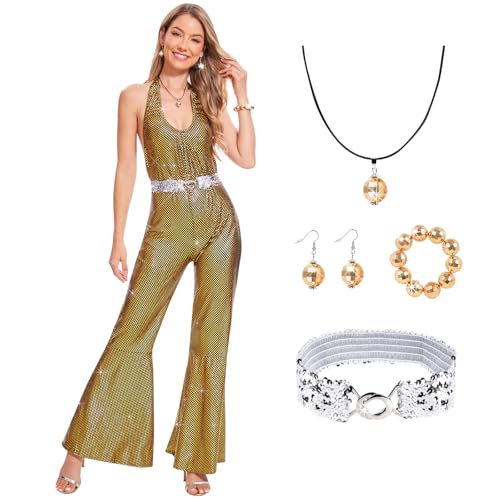 Aragallant Disco Outfit Damen, 70er Jahre Outfit Damen, Pailletten-Disco-Overall, Glitzer Jumpsuit Damen, Disco Accessoires, Disco-Kostüm Erwachsene, Karneval Kostüm für Bühnenauftritt (gelb, 2XL) Aragallant Disco Outfit Damen, 70er Jahre Outfit Damen, Pailletten-Disco-Overall, Glitzer Jumpsuit Damen, Disco Accessoires, Disco-Kostüm Erwachsene, Karneval Kostüm für Bühnenauftritt (gelb, 2XL) von Aragallant
