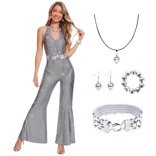 Aragallant Disco Outfit Damen, 70er Jahre Outfit Damen, Pailletten-Disco-Overall, Glitzer Jumpsuit Damen, Disco Accessoires, Disco-Kostüm Erwachsene, Karneval Kostüm für Bühnenauftritt (silber, XL) Aragallant Disco Outfit Damen, 70er Jahre Outfit Damen, Pailletten-Disco-Overall, Glitzer Jumpsuit Damen, Disco Accessoires, Disco-Kostüm Erwachsene, Karneval Kostüm für Bühnenauftritt (silber, XL) von Aragallant