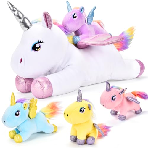 Aragallant Einhorn Stofftier mit Baby, 5 Stücke Einhorn Kuscheltier, Plüsch Einhorn Geschenke für Mädchen 3 4 5 6 7 8+ Jahre, Einhorn Mama mit Babys, Einhorn Plüschkissen mit Flügel für Kinder von Aragallant
