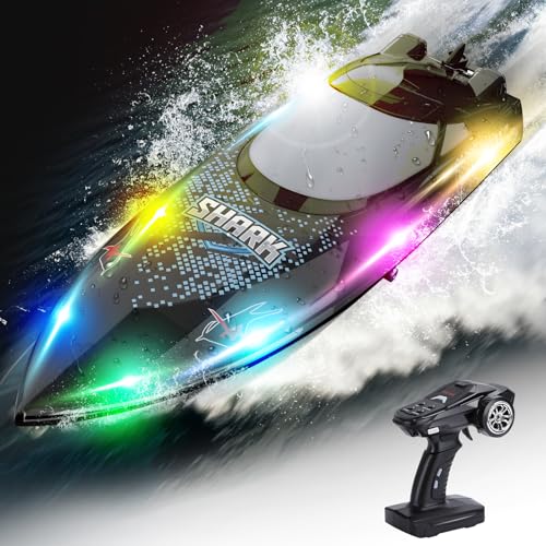 Aragallant Ferngesteuertes Boot, RC Rennboot mit LED-Licht - 150M/493FT, 30+ KM/H Hochgeschwindigkeit, 2,4 GHz Fernsteuerung, Nie-Kentern, RC Speedboot mit 2 Akkus für Pool/Seen von Aragallant